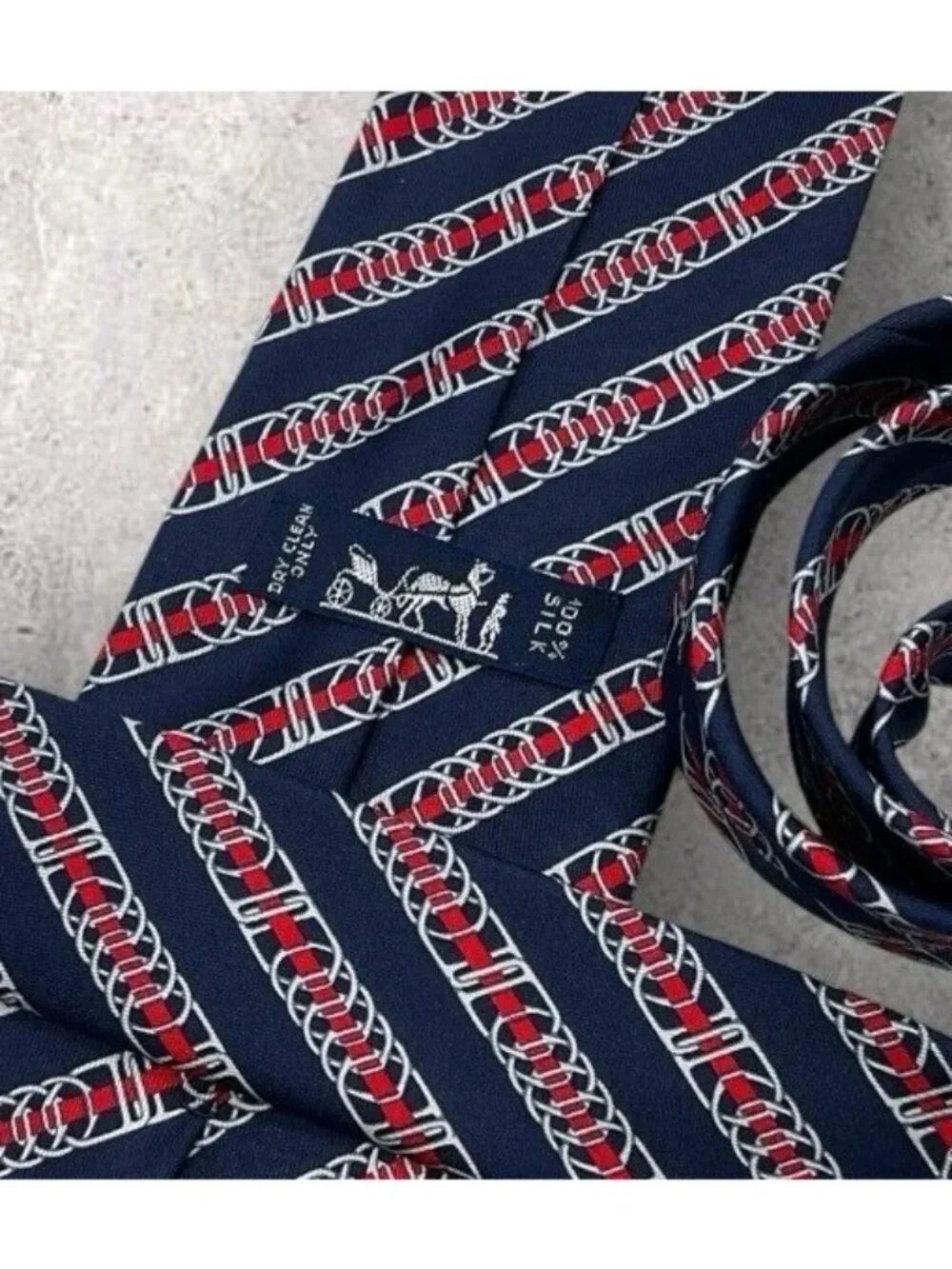HERMÈS 5402 OA Silk Tie FRANCE Navy Red White Striped Chain W:3.7" EUC - Picture 2 of 6